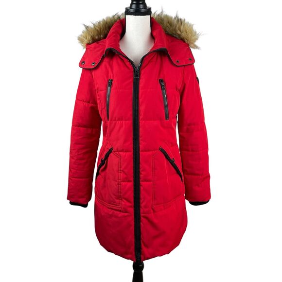 Guess Women's Puffer Jacket Size Medium Red Black Faux Fur Full Zip Winter Coat - Picture 1 of 16
